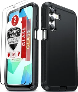 Blue LeYi rugged Samsung Galaxy A16 5G case with raised edges and tempered glass protector