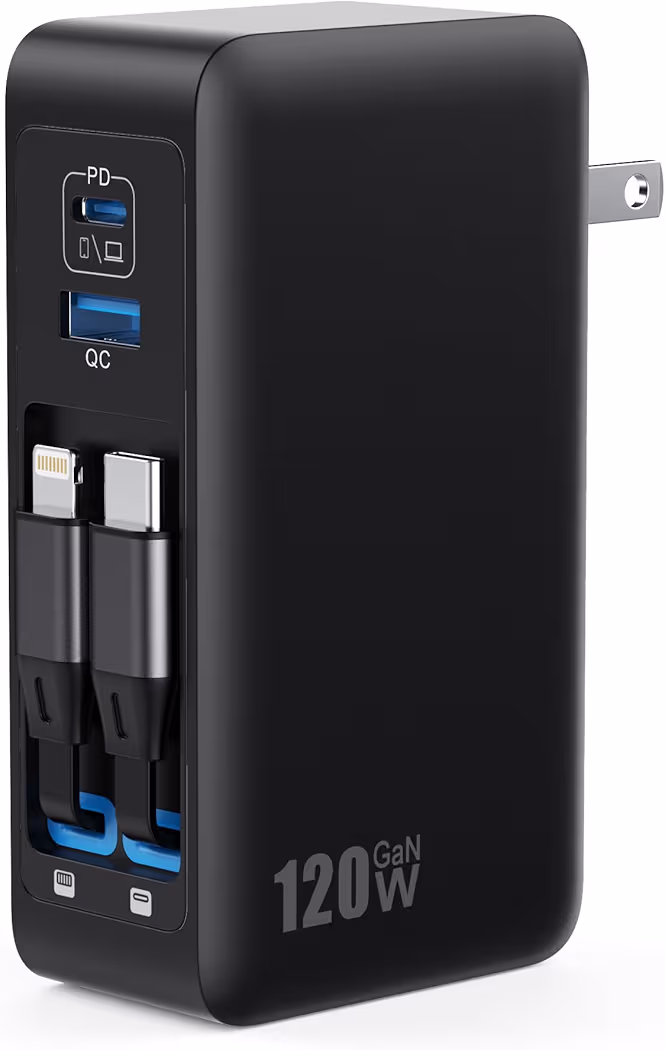 120W GaN fast charger with retractable USB-C cables for iPhone 17 Pro Max