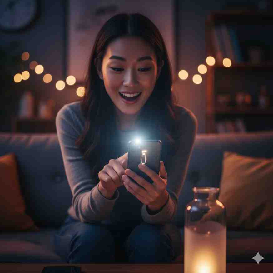 A young woman sitting on a couch, looking surprised and happy as she discovers the hidden flashlight brightness slider on her smartphone in a dimly lit room.