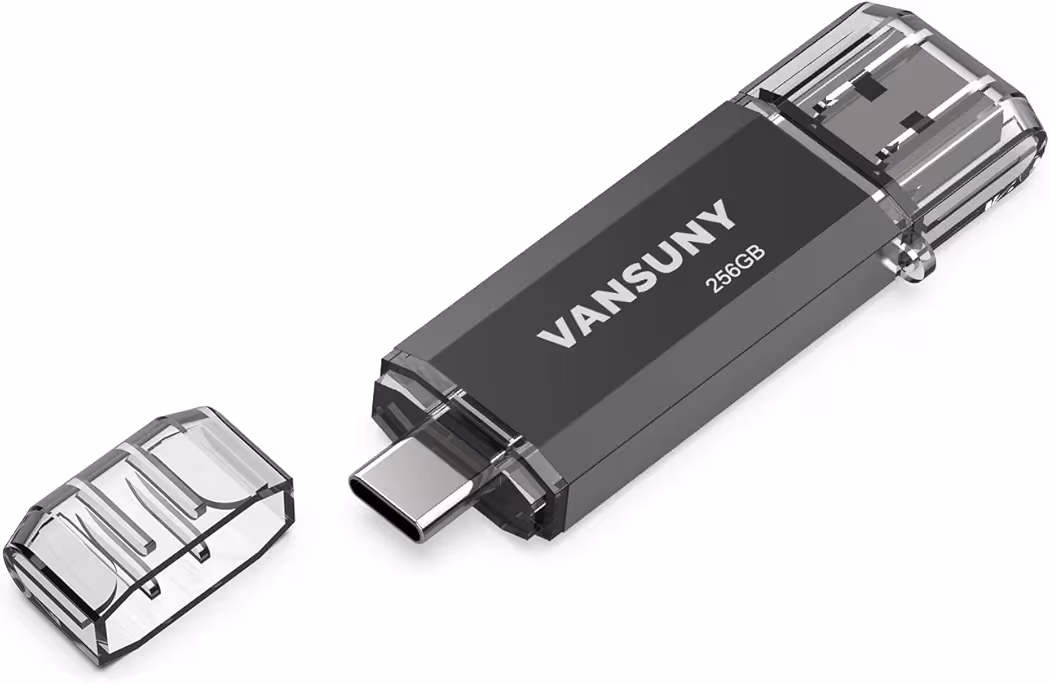 Vansuny 256GB USB C Flash Drive featuring a compact design and blue LED activity indicator light
