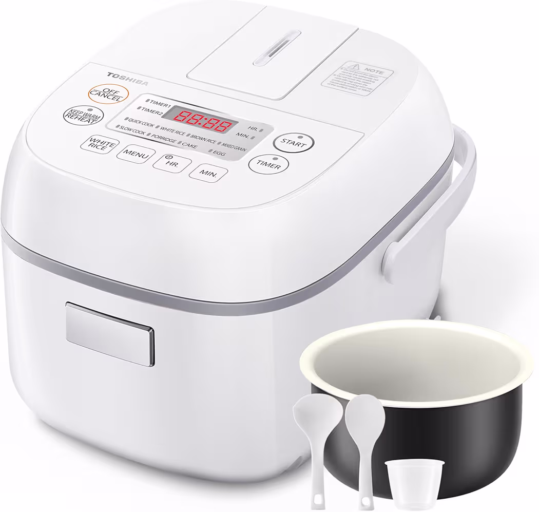 Toshiba Mini Rice Cooker preparing fluffy white rice on a compact kitchen countertop