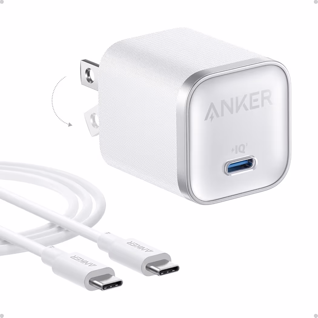 Anker 45W USB-C charger connected to iPhone 17 for fast charging