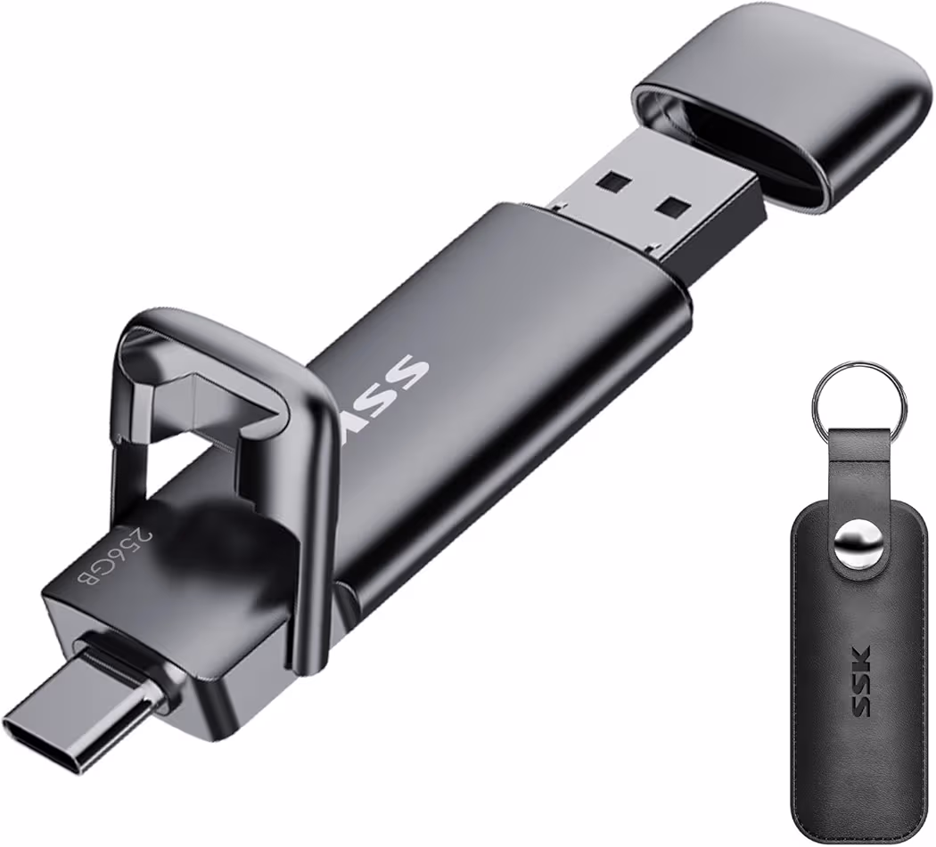 SSK 256GB Dual USB C Solid State Drive with high-speed SSD technology for fast 4K video transfers