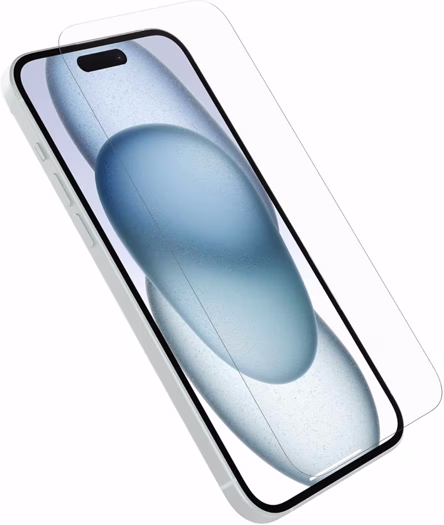 OtterBox Trusted Glass screen protector for iPhone 15 featuring 9H scratch resistance and high-clarity tempered glass at a value price.