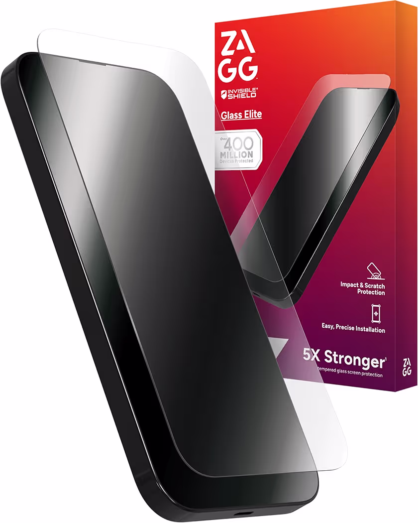 ZAGG Glass Elite screen protector for iPhone 16 Pro Max with ClearPrint technology to hide fingerprint smudges and 5X impact resistance.