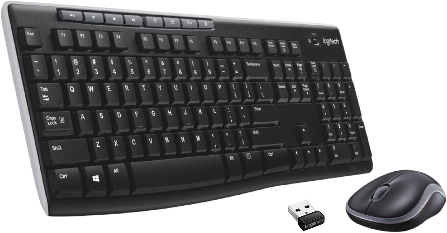 Logitech MK270 wireless keyboard layout showcasing the top row of 8 green multimedia shortcut keys on an office desk