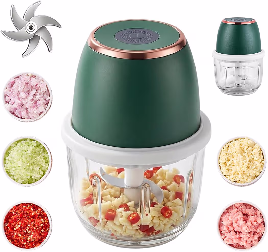 350ml USB rechargeable garlic chopper with glass bowl and six stainless steel blades