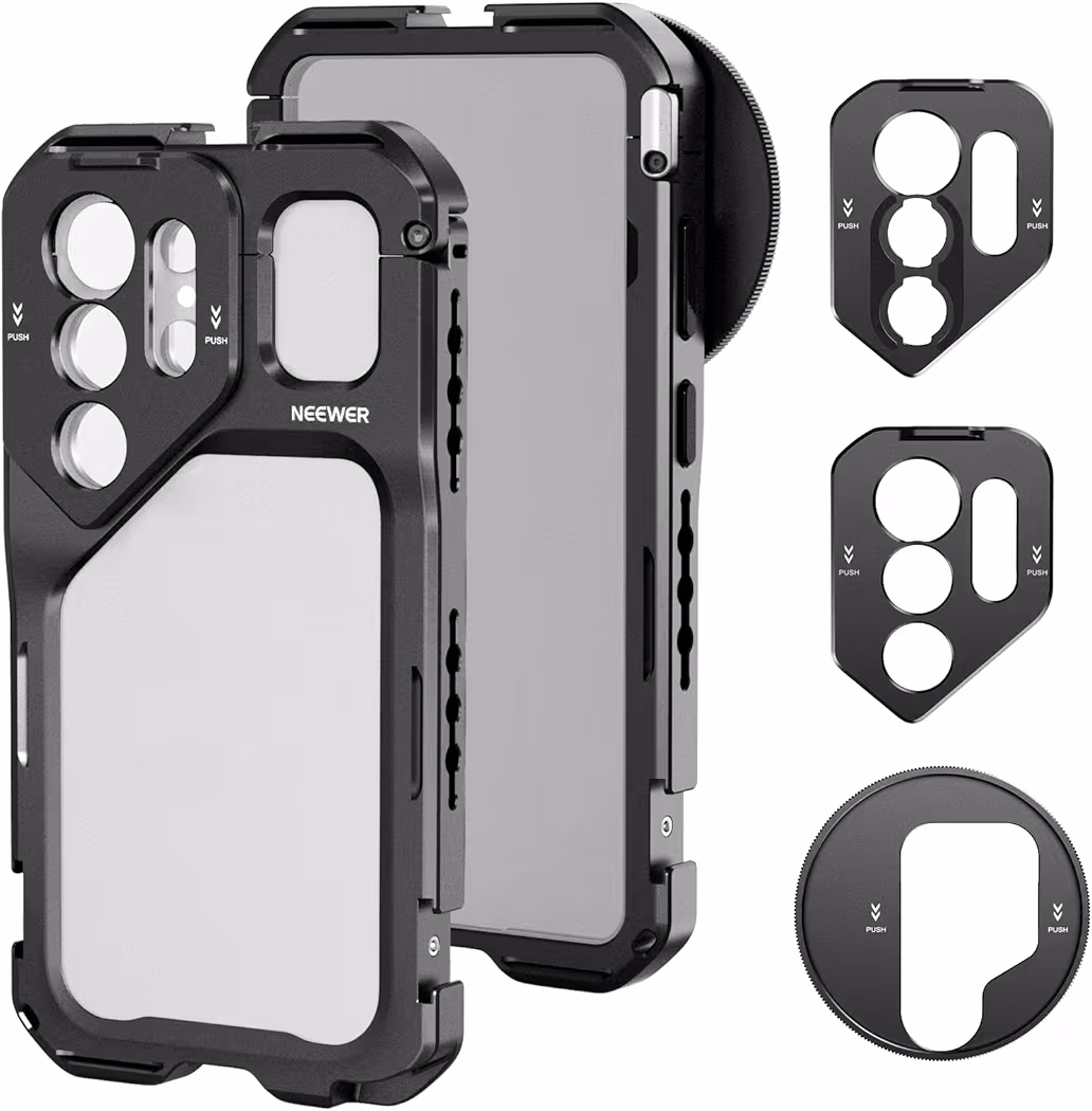 NEEWER Galaxy S26 Ultra phone cage with microphone and accessory mounting support