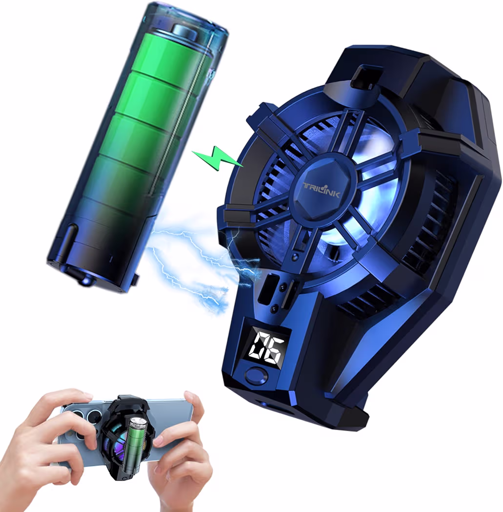 TRILINK rechargeable phone cooler attached to Android smartphone