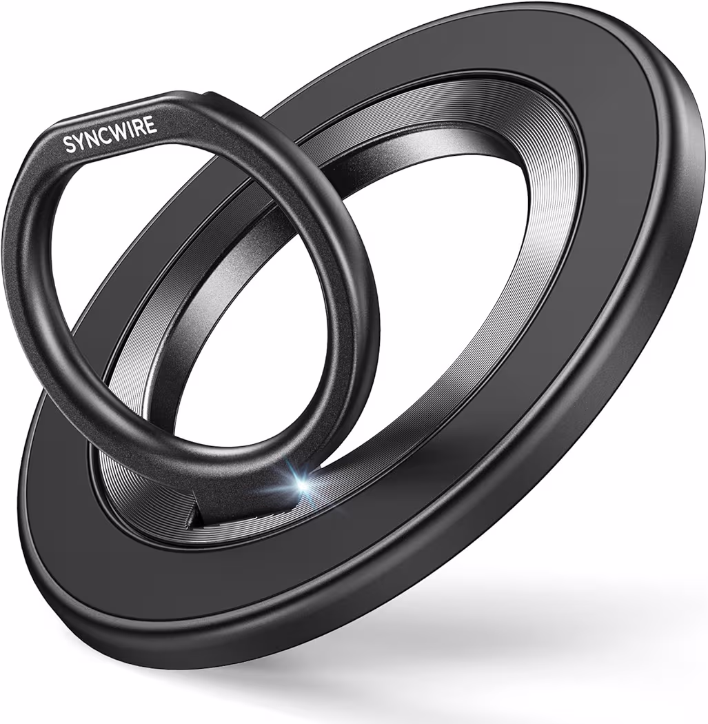 SYNCWIRE magnetic ring holder used as a kickstand with iPhone 17 Pro Max