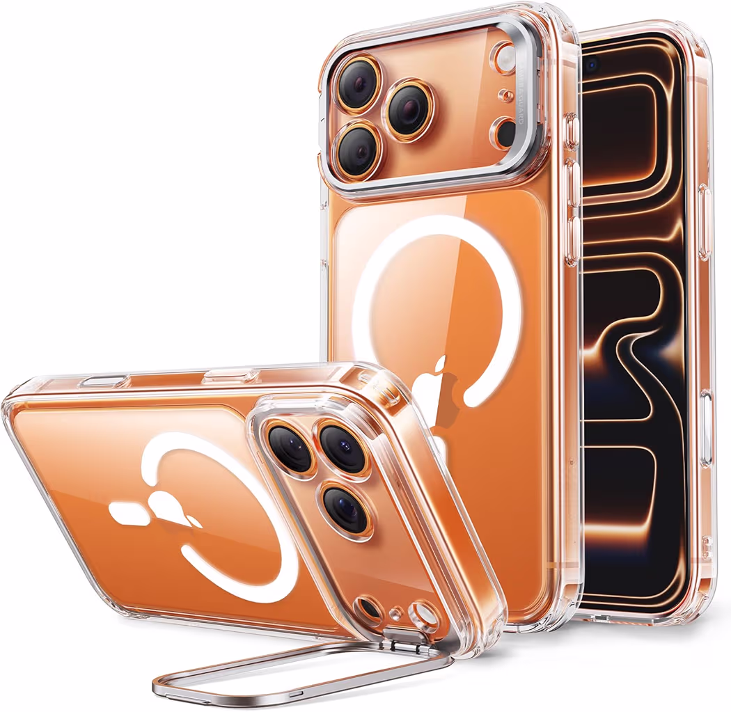 ESR Clear Case With Stash Stand installed on iPhone 17 Pro Max