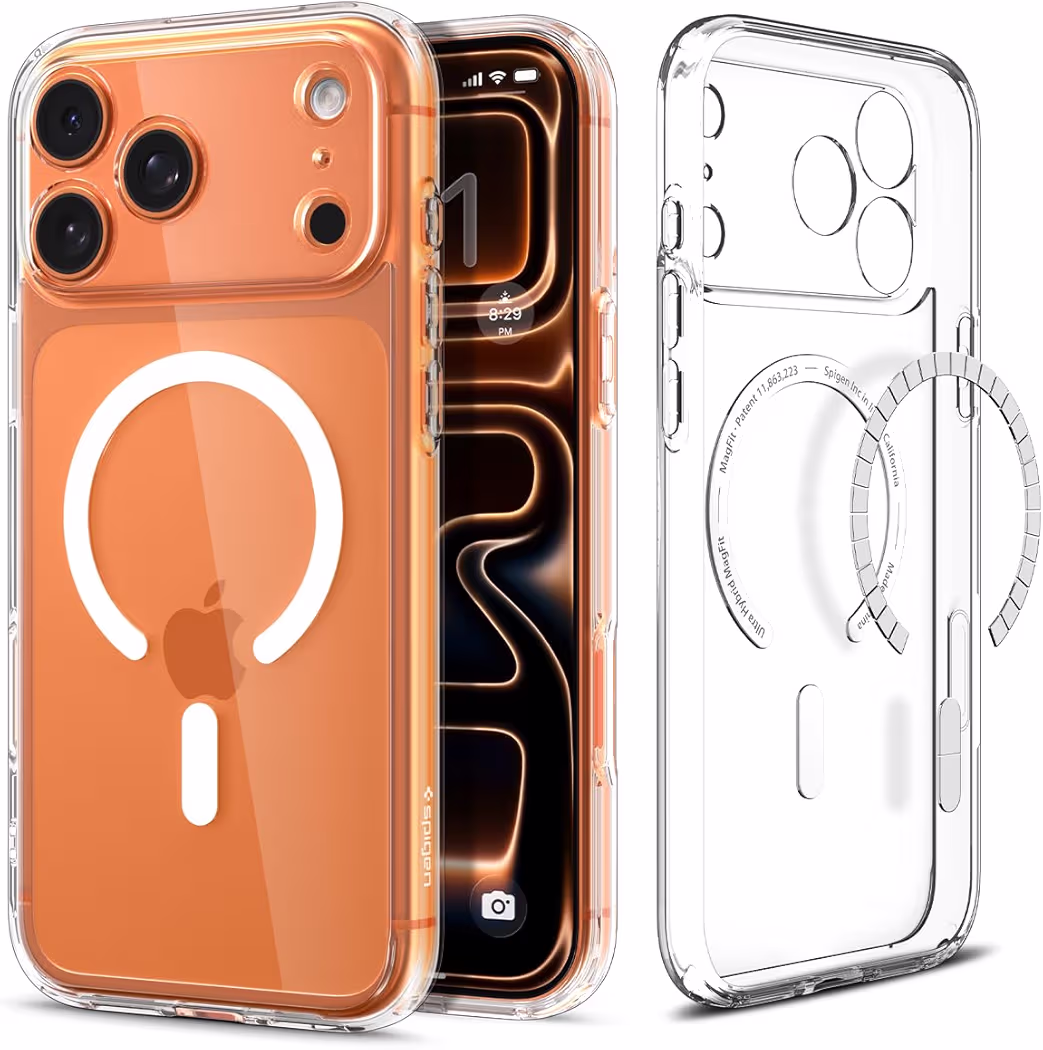 Spigen Ultra Hybrid MagFit clear case installed on iPhone 17 Pro Max