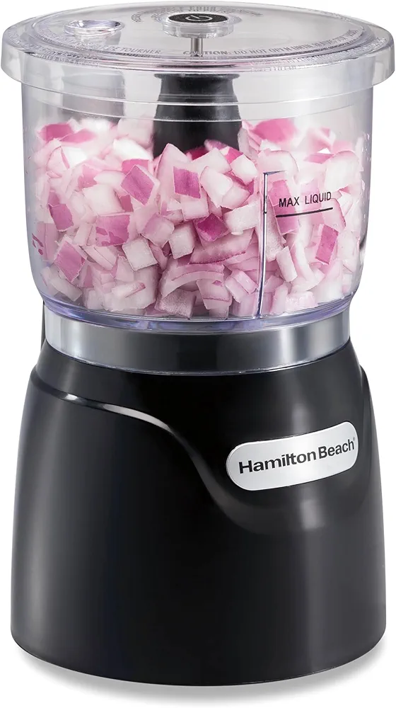 Hamilton Beach mini electric garlic chopper chopping onions in glass bowl
