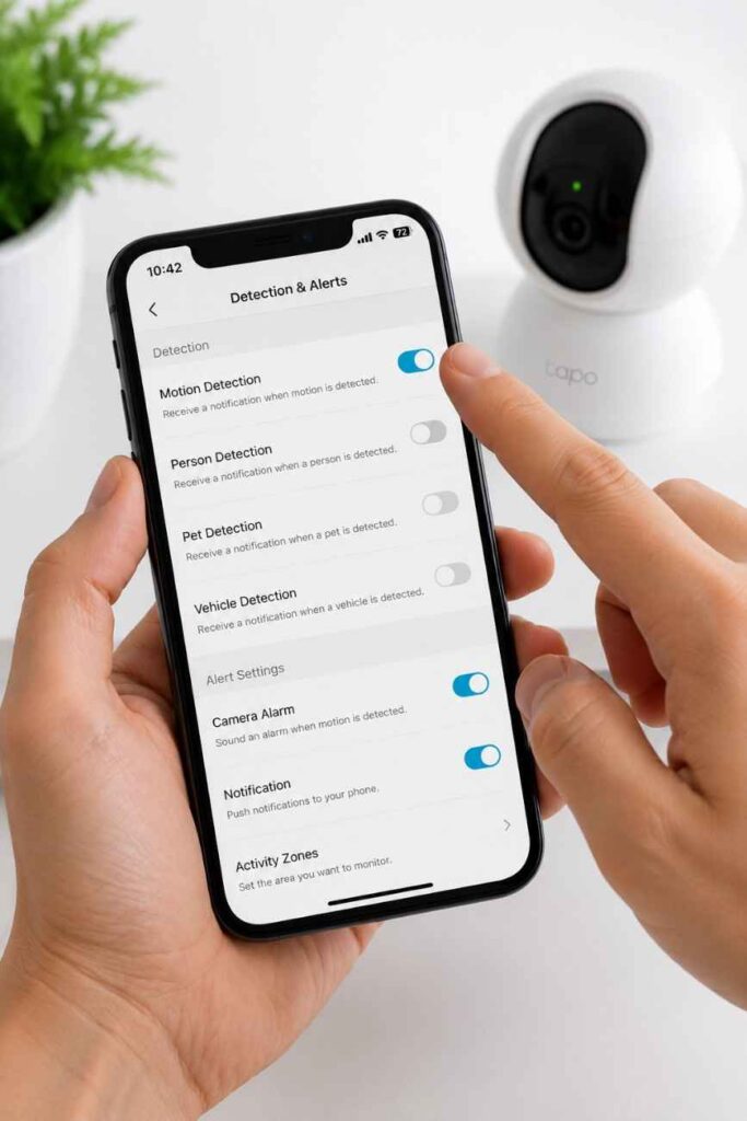 Enabling motion detection settings in a security camera mobile app