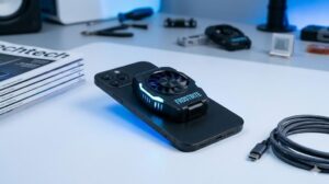 A sleek, matte black smartphone resting face-up on a minimalist white desk with the active, glowing semiconductor cooler from previous images attached.