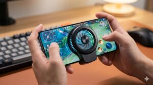 A close-up photograph of a modern black gaming smartphone in landscape orientation, resting on a textured desk surface. A circular, black magnetic semiconductor phone cooler with subtle RGB lighting (blue and green) is attached firmly to the center of the phone's glass back. The cooler's fan blades are spinning rapidly. In the blurred background, a mechanical keyboard with colorful backlighting and a large monitor displaying a colorful mobile action game are visible. The atmosphere is that of an active, high-performance gaming environment, well-lit but focused on the screen and device.