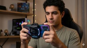 A mobile gamer intense focus during a high-octane battle royale game on a smartphone with a magnetic semiconductor phone cooler glowing electric blue.