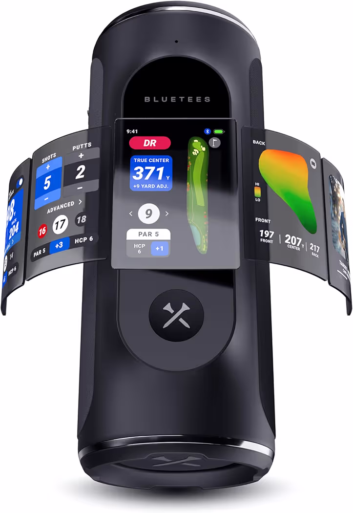 Blue Tees Golf Player Pro GPS Bluetooth speaker attached to a golf cart
