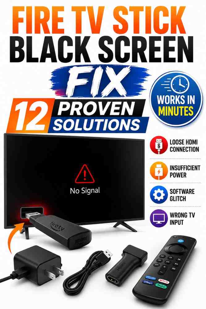 Fire TV Stick black screen fix showing HDMI connection and troubleshooting steps.