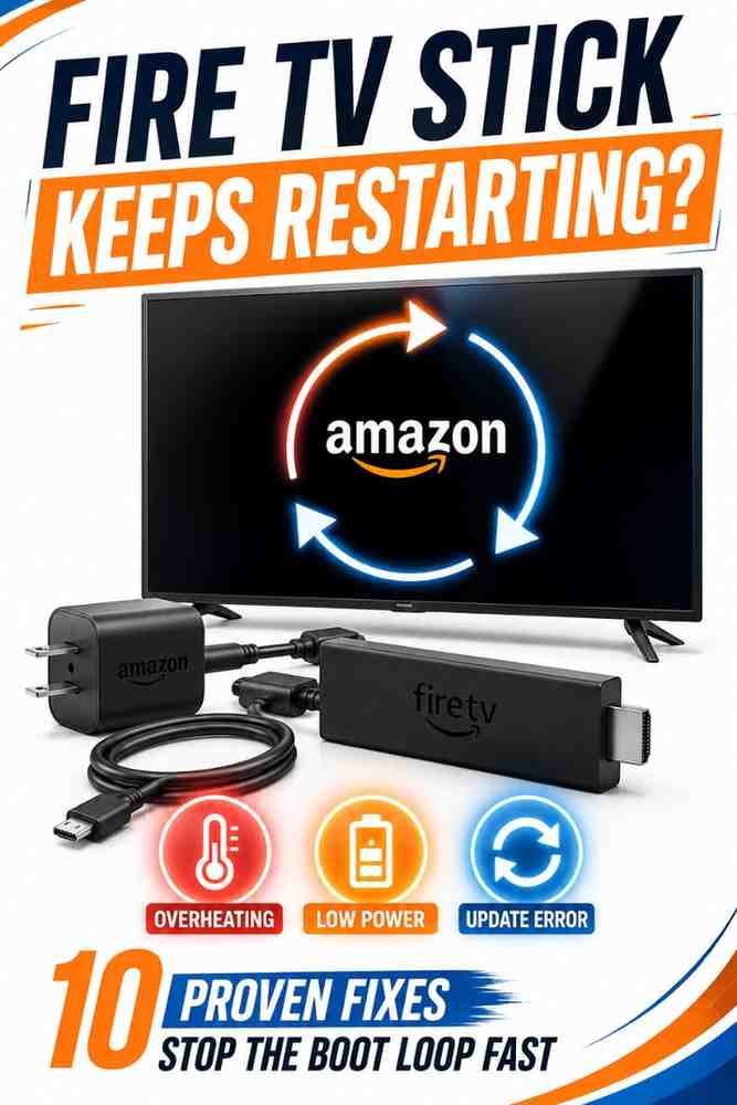 Fire TV Stick keeps restarting troubleshooting guide with reboot loop illustration
