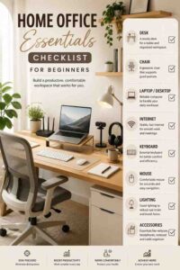 Minimalist home office essentials checklist for beginners featuring a desk, ergonomic chair, laptop, keyboard, mouse, lighting and workspace accessories.