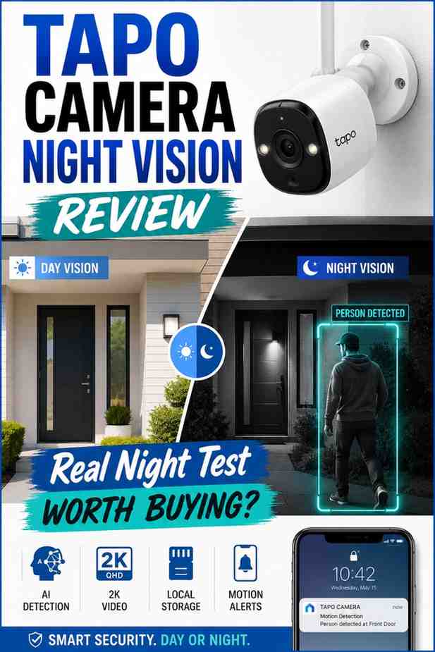 Tapo Camera night vision review showing infrared surveillance at a front door at night